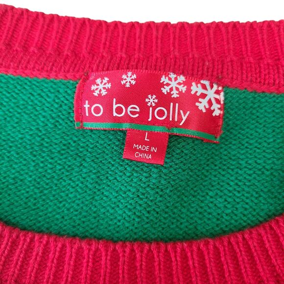 To be Jolly Womens Ugly Christmas Sweater Elf Striped Sleeves Holiday Sz Large - Picture 8 of 10